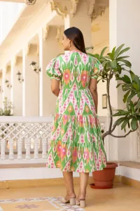 Plum Ikkat Green Cotton Dress With Puff Sleeves