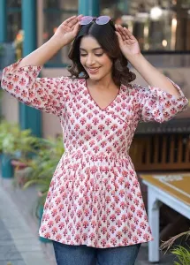 Berry Red Handblock Printed cotton Angrakha Short Kurta