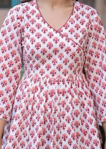 Berry Red Handblock Printed cotton Angrakha Short Kurta