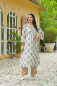 Zehra Ivory Floral Mughal Print Kurta Pant Set