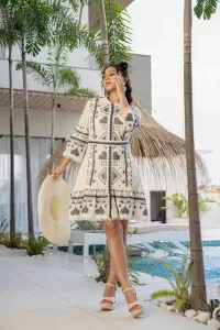 Tribal Embroidered Off White Short Dress