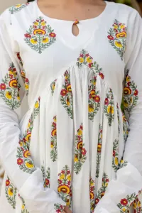 Basanti phool yellow handblock printed anarkali cotton suit set with kota doria dupatta(Plus Size)