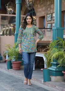 Gulab Green Printed Cotton Short Kurta