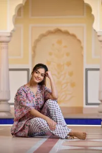 A Distinctively Fragile beige Handblock Printed Cotton Kaftan Tunic With Pants (Set of 2)