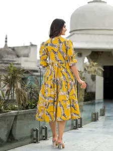 Yellow Safari Puff Sleeves Midi Dress