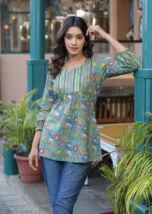 Gulab Green Printed Cotton Short Kurta