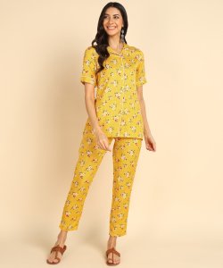 Yellow Floral Printed Cotton Night Suit Set for Women