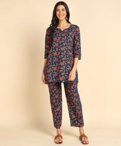 Navy Blue Floral Printed Cotton Co-ord Set for Women
