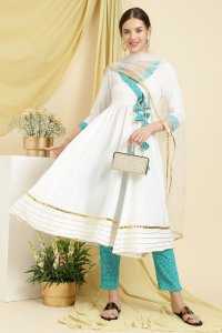 White Anarkali Kurta Set with Blue Printed Pants & Net Dupatta