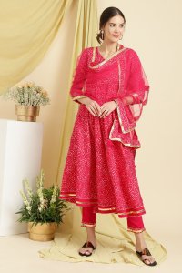 Red Bandhani Printed Anarkali Suit with Net Dupatta & Pants