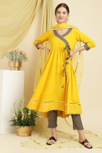 ellow Flared Anarkali Suit with Grey Printed Pants & Net Dupatta