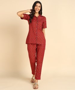 Red Ethnic Printed Co-ord Night Suit Set