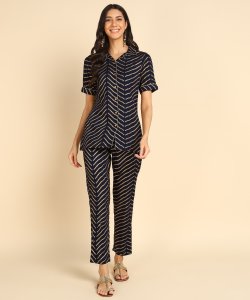Navy Blue Striped Cotton Co-ord Night Suit
