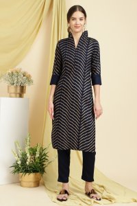 Stylish Navy Blue Cotton Kurta Pant Set for Women