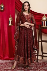 Festive Maroon Anarkali Kurta Set with Dupatta & Flared Palazzo