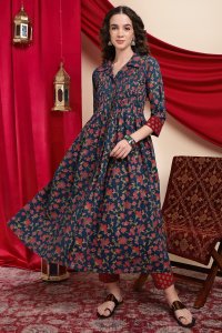 Floral Navy Blue Angrakha-Style Kurta Dress for Women