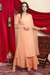 Elegant Peach A-line Kurta Sharara Set with Dupatta for Women