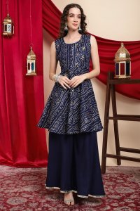 Navy Blue Bandhani Peplum Kurta Palazzo Set for Women