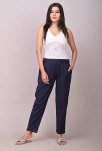 Relaxed White Printed Tank Top with Navy Tapered Pants